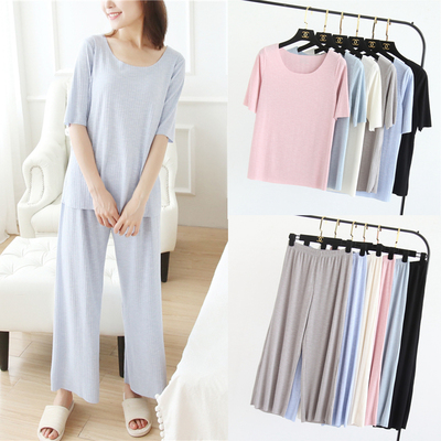 夏款女簡約純色坑條針織衫短袖T恤上衣闊腿褲薄套裝家居睡衣6色入評測